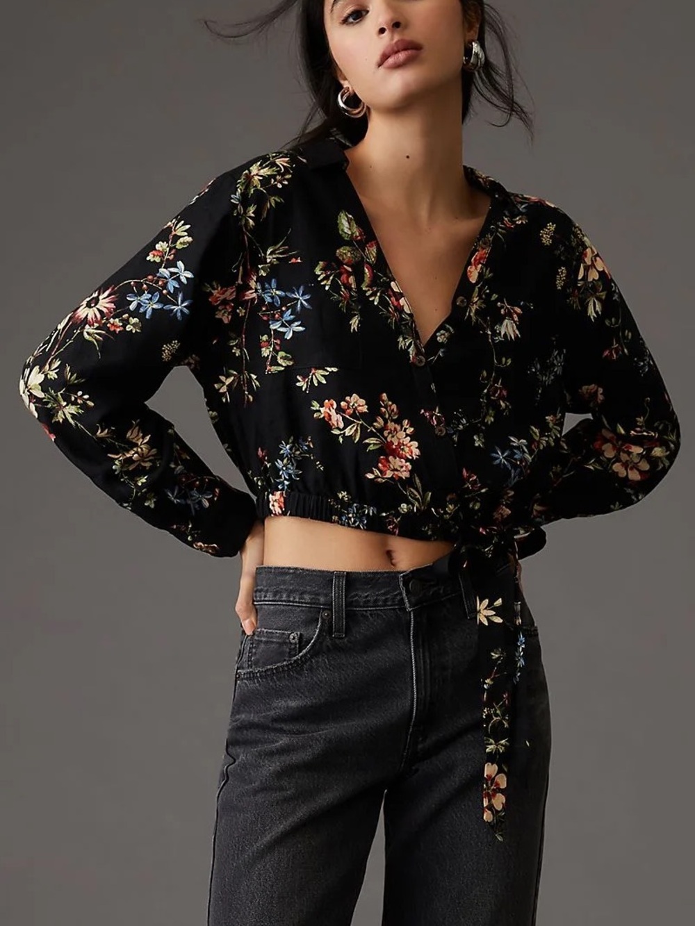Pilcro Black Floral Tie Bottom Long Sleeve Button Down Blouse